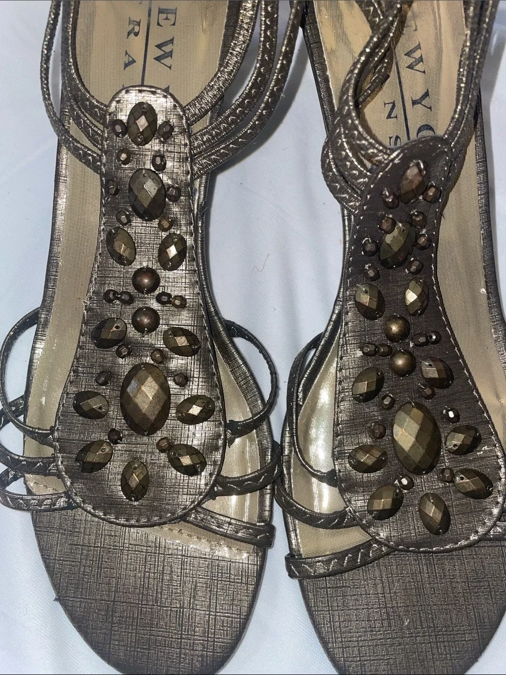 New York Transit Bronze Jeweled Strappy Wedge Sandals